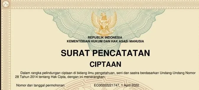 Surat pencatatan ciptaan SIMRS IntHoS
