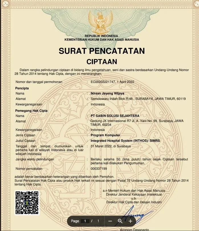 Surat pencatatan ciptaan SIMRS IntHoS